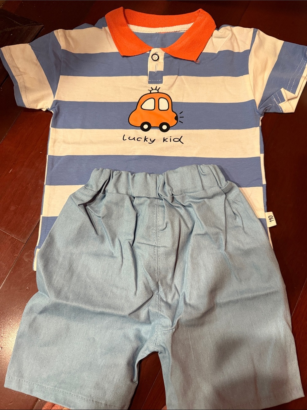 Lucky Kid Blue White Stripe Polo Set with Orange Accent